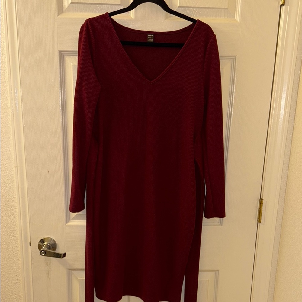 SHEIN Red V-Neck Long Sleeve Sheath Dress